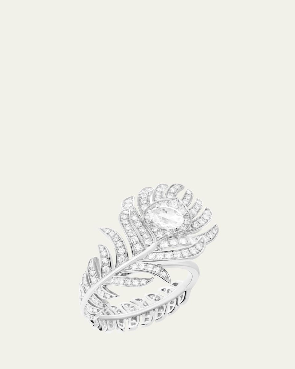 Small 18K White Gold Plum de Paon Feather Ring with Diamonds